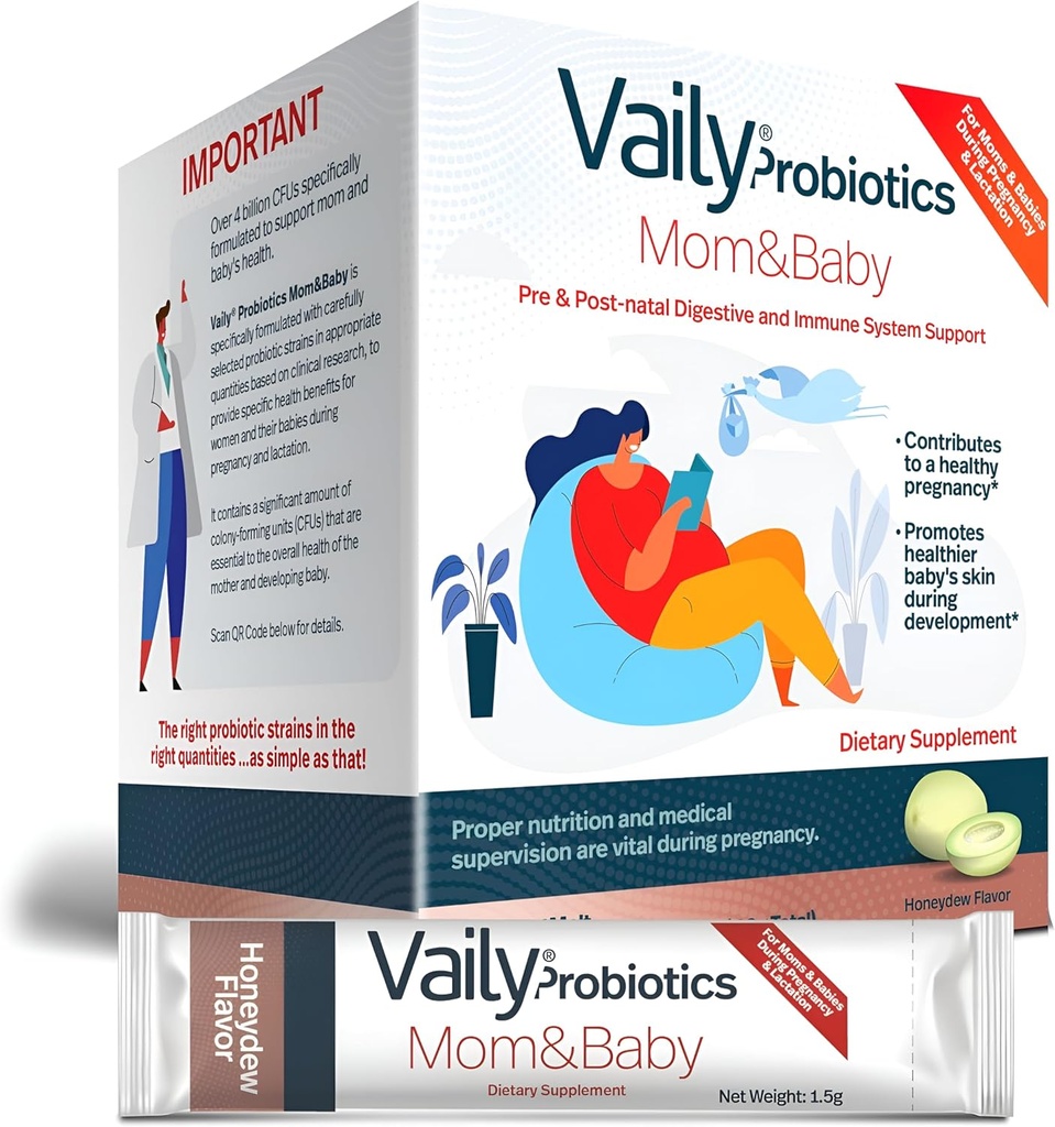 Vaily Mom " Baby Probiotic - Post " Prenatal Vitaminas Probióticos Polvo para Mujeres - Fortalece el Sistema Inmunitario " Salud Digestiva, Esquí de bebé saludable - Prenatal Essentials, Easy Digestion - 30 Sticks
