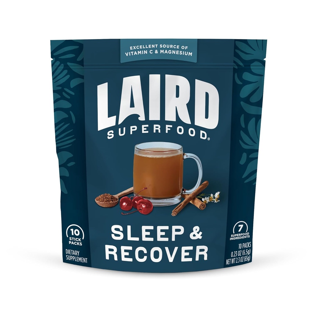 Laird Superfood Sleep &amp; Recover, Bedtime Powdered Drink Mix Calming Supplement to Support Relaxation and Sleep with Tart Cherry and Chamomile, 0.3 Oz Packet, Pack of 10