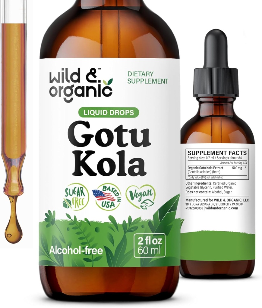 Wild & Organic Gotu Kola Herb Tincture - Cerebro Soporte - Gotu Kola Liquid Extract Drops - Vegan, Sugar &amp; Alcohol-Free Centella Asiatica Suplemento - 2 fl oz