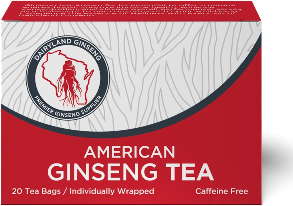 Dairyland American Ginseng Tea Bags م国茶 (20 ct) - Premium Wisconsin Ginseng Tea - Non-GMO, Gluten Free