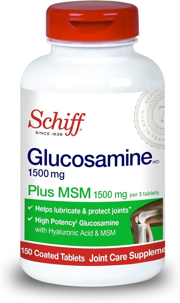 Schiff Glucosamine 1500mg Plus MSM 1500mg y ácido hialurónico, 150 tabletas - Suplemento Conjunto