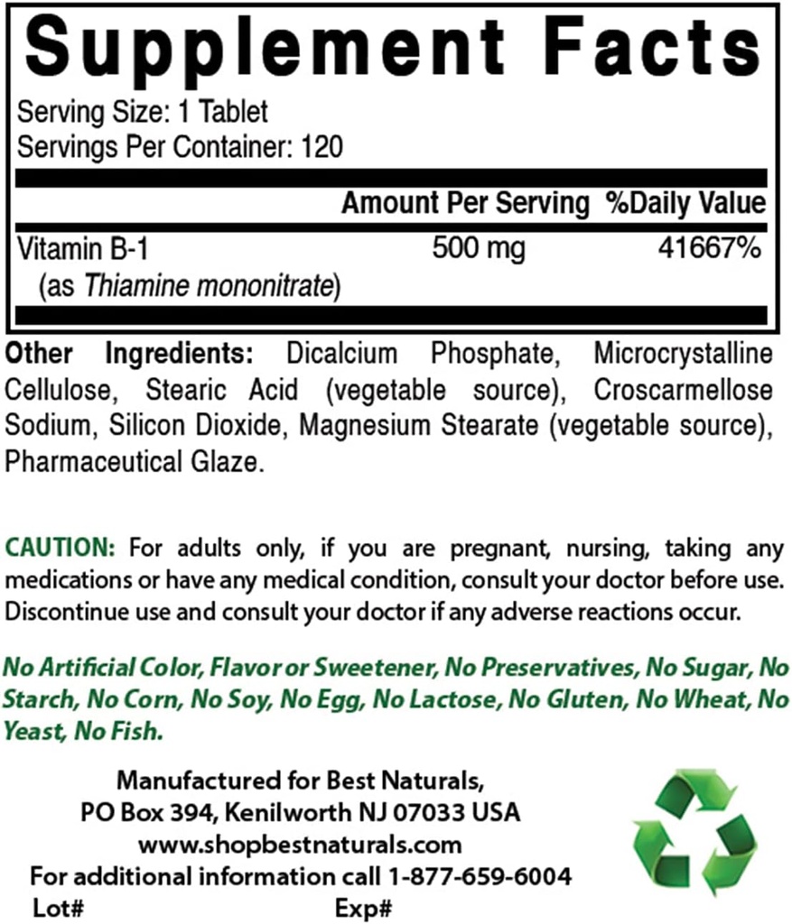 Best Naturals Vitamin B1 as Thiamine Mononitrate 500 mg & Vitamin B2 (Riboflavin) 400mg