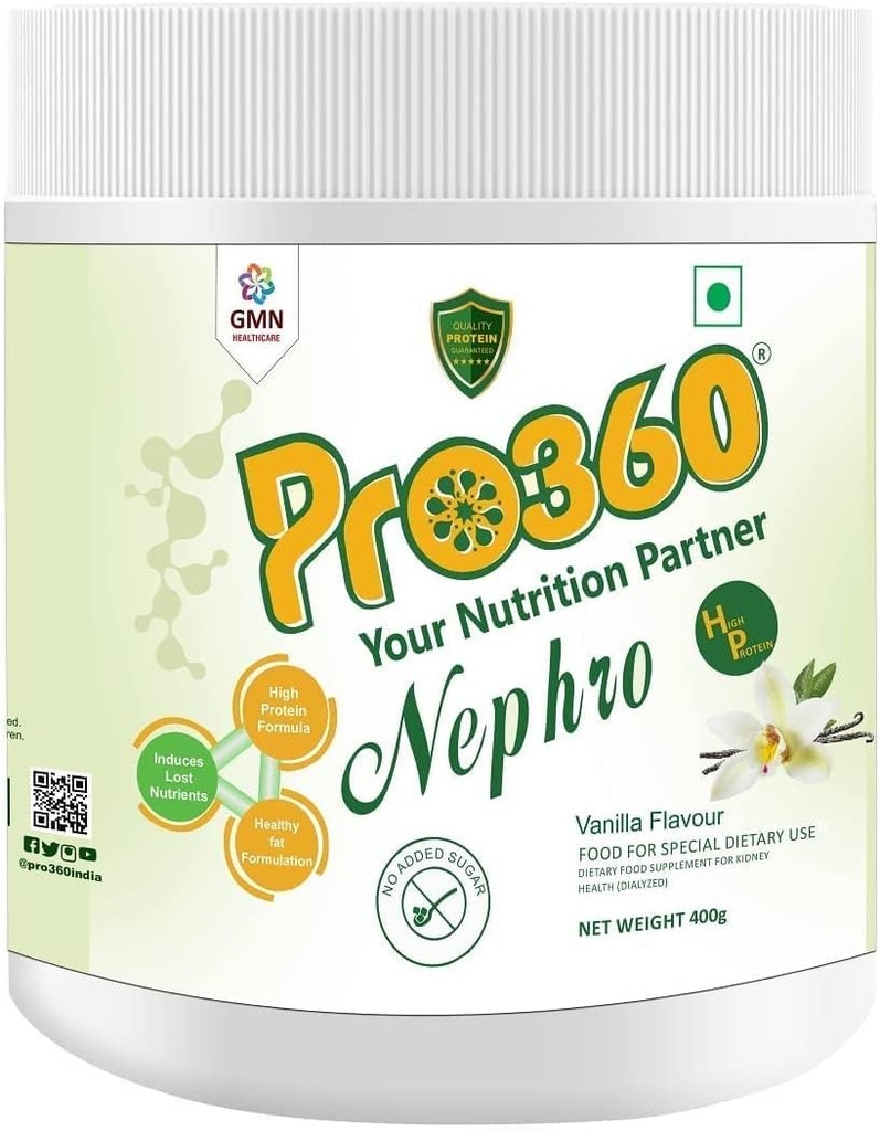 AZAZ Pro360 Nephro HP - Cuidado de la diálisis Bebida de proteína nutricional (Vanilla sabor) No Añadido Azúcar, Suplemento dietético Especial para el Riñón/Salud renal, 400 Gm