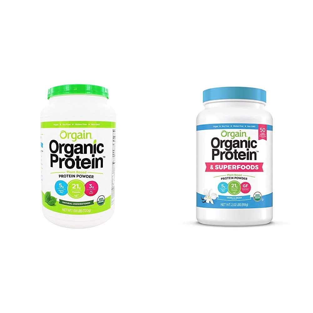 Orgain Organic Plant Based Protein Powder Bundle - Unsweetened, Vanilla Bean, y Superfoods (2 Productos)