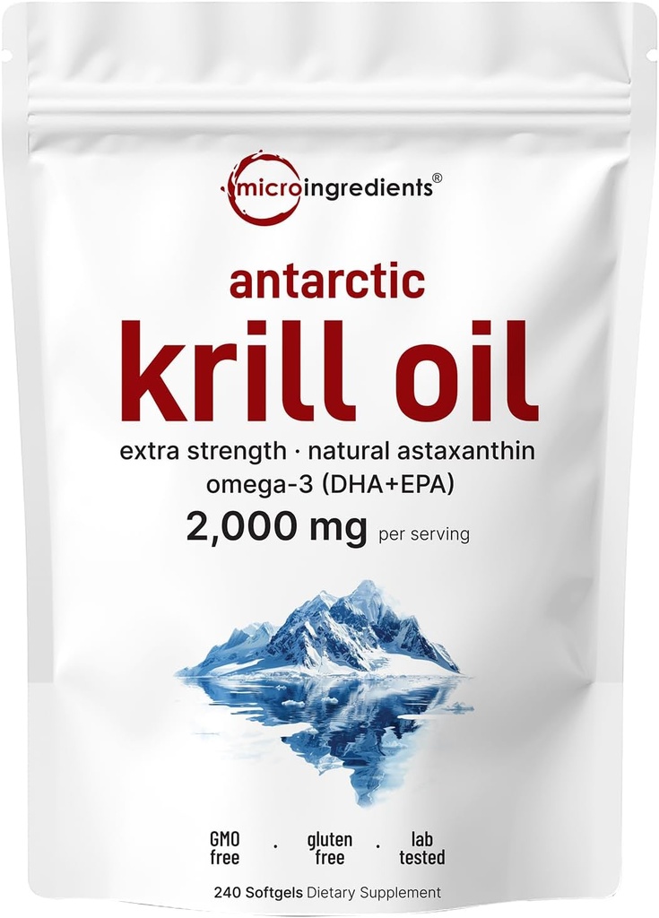 Micro Ingredientes Suplemento Aceite de Krill Antártico, 2.000 mg por ser, 240 Softgels, triple fuerza, rico en Omega-3s EPA, DHA " Natural Astaxanthin, soporta sistema inmune " Brain Health