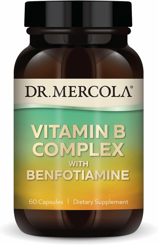 Complejo Dr. Mercola Vitamina B con Benfotiamine - Apoyo Celular, Cerebro &amp; Salud Inmunitaria - No Gluten-Free &amp; Soy-Free - 60 cápsulas (30 servidos)