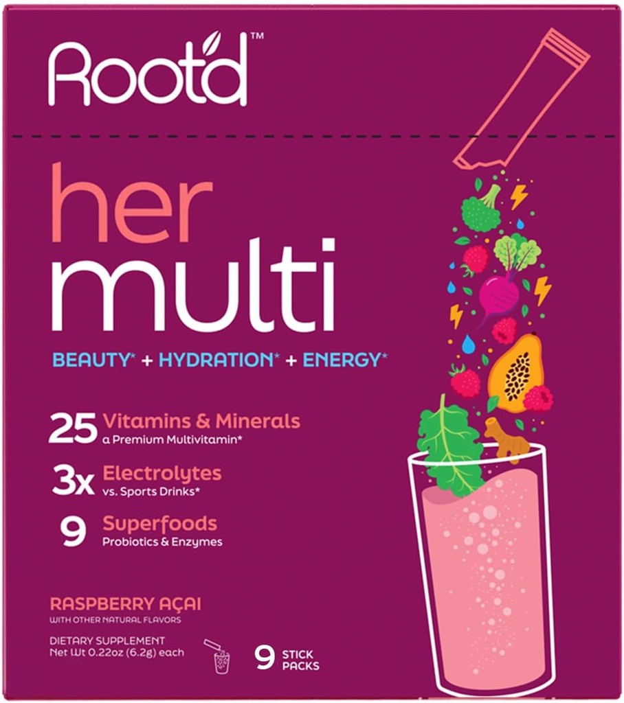 Polvo multivitamínico Root para mujeres - 25 vitaminas " minerales con electrolitos 3X, 9 superalimentos orgánicos, probióticos " enzimas, multivitamínico libre de azúcar " Hydration 9 Vitamin Drink Mix Packets