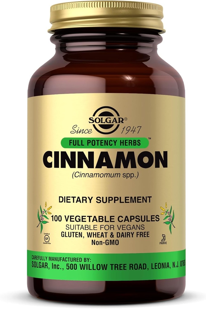 Solgar Cinnamon - 100 cápsulas vegetales - Full Potency (FP) - Non-GMO, Vegan, Gluten Free, Dairy Free, Kosher - 100 piezas