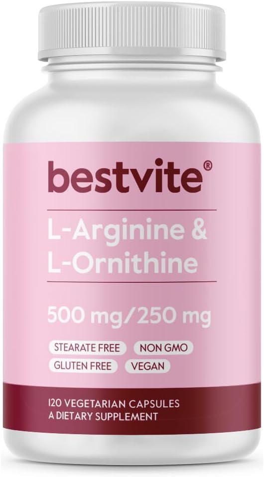 BESTVITE L-Arginine L-Ornithine 500-250 (120 cápsulas vegetarianas) - No Stearates - No Fillers - Vegan - No Gluten Gratis - No Calcium Silicate