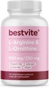 BESTVITE L-Arginine L-Ornithine 500-250 (120 cápsulas vegetarianas) - No Stearates - No Fillers - Vegan - No Gluten Gratis - No Calcium Silicate