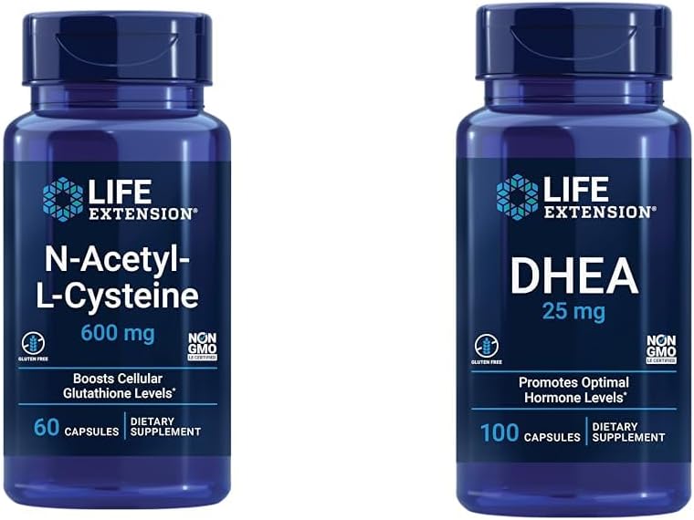 Extensión de la vida N-Acetyl-L-Cysteine (NAC), Immune, Respiratory &amp; DHEA 25 mg – Suplemento para Equilibrio hormonal, Apoyo Inmunitario, Salud Sexual, Hueso &amp; Salud Cardiovascular