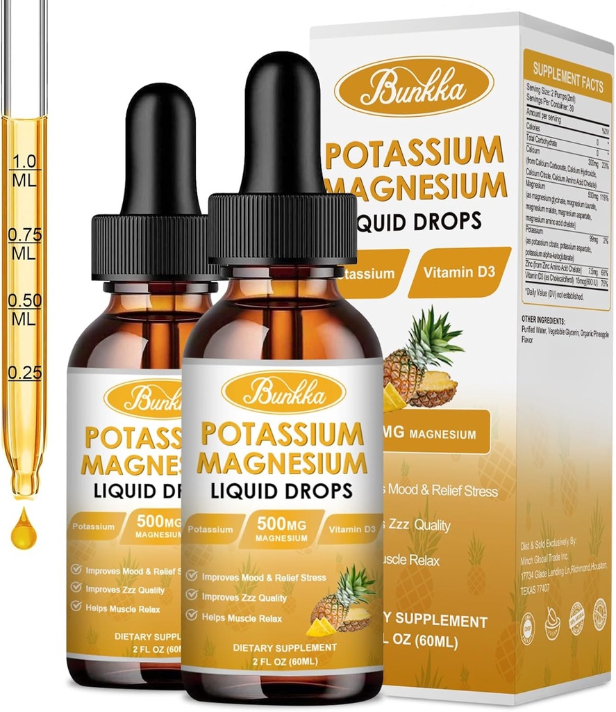 (2 Pack) Suplemento de Magnesio de Potasio, Suplementos de Potasio de Magnesio con Calcio, Vitamina D3, Zinc, Sugar Free &amp; Vegan Líquido Suplemento para Calambres Legislativos, Energía, para Adultos y Niños
