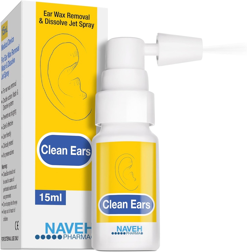 NAVEH PHARMA® CleanEars | Fast-Acting Ear Wax Removal Spray | Breaks Down & Dissolves Earwax in Just 1 Treatment | Clinically Proven to Be 300% More Effective W/Mineral Oil | Gentle & Safe | 0.5 Fl Oz