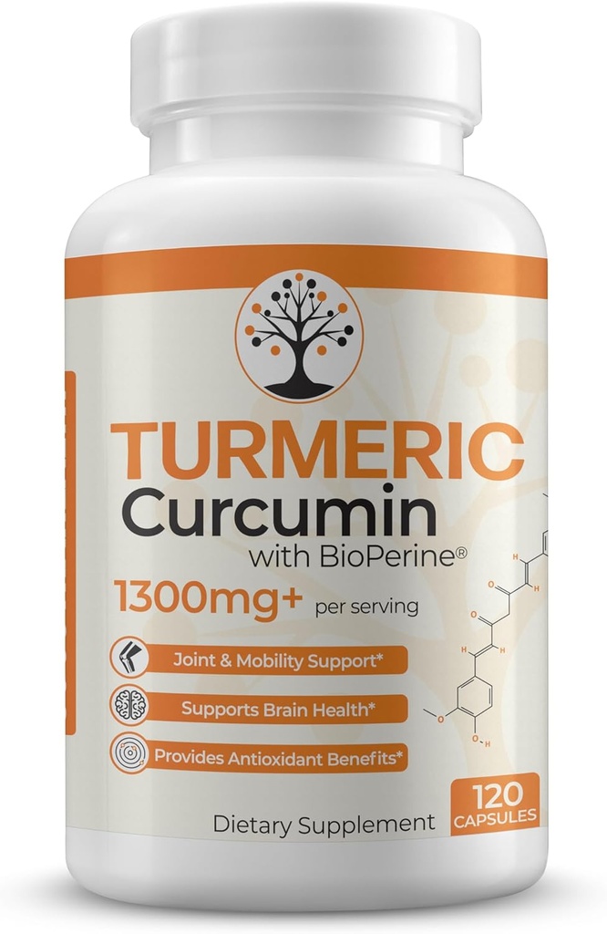 Suplemento Turmérico con 95% Curcuminoides Estandarizados y Extracto de Pepper Negro - Beneficios Antioxidantes - 120 cápsulas Veganas