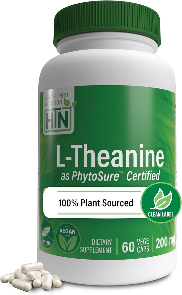 Health Thru Nutrition L-Theanine 200mg 60 Vegecaps PhytoSure Certified | Supports Healthy Relaxation & Focus | 3rd Party Tested | Clean Label, Non-GMO, Gluten & Soy Free, Hypoallergenic