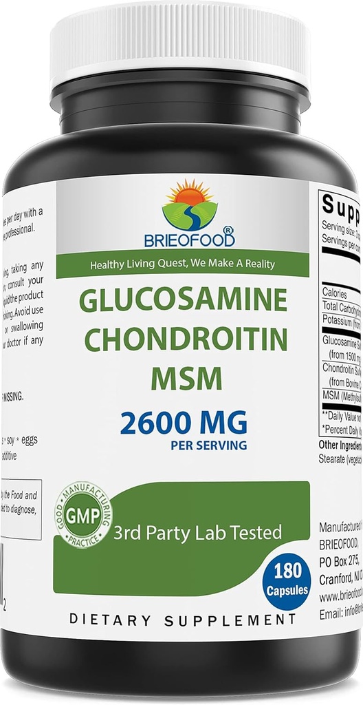 Brieofood Triple Strength Glucosamine Chondroitin MSM 2600mg/Serving Capsules, Supports Healthy Joint, Cartilage and Connective Tissue - Promotes Joint Comfort & Flexibility 180 Count
