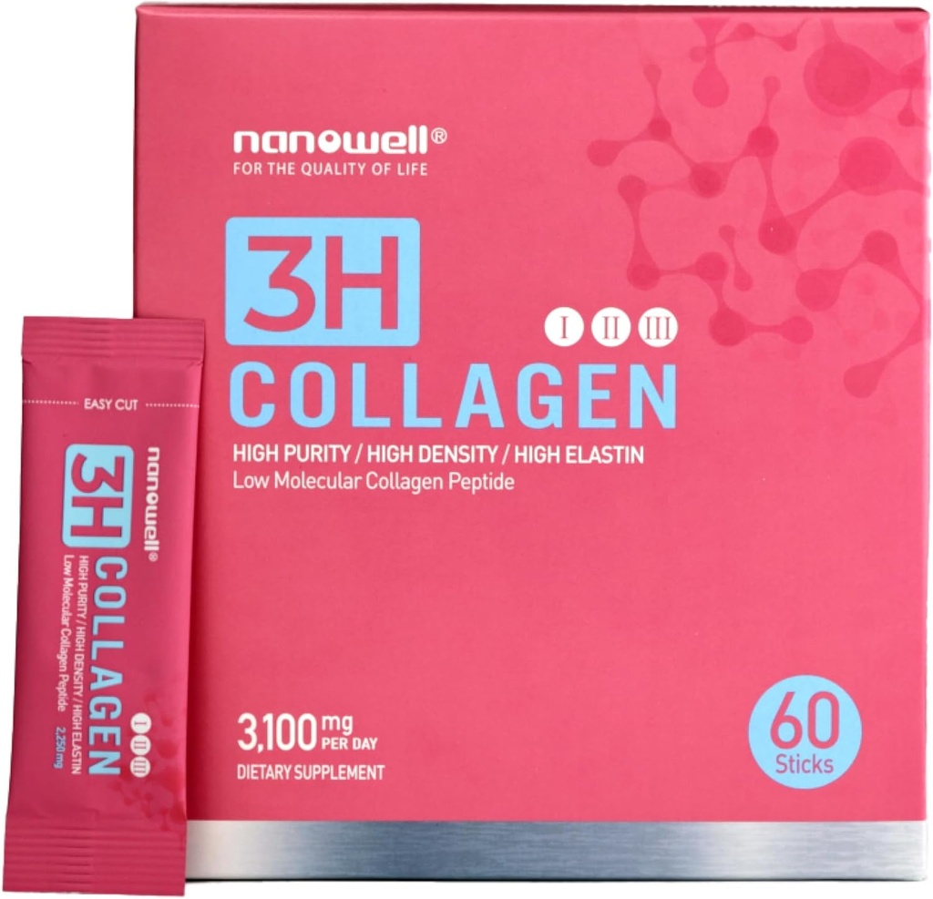 NANOWELL 3H Collagen Peptide Powder - Tipos I, II, " III con vitamina C, Hidrolyzed Elastin Peptide " Hyaluronic Acid - Apoya el cabello, la piel, las uñas, las uniones " Huesos - 60 Sticks, 30 Day Supply