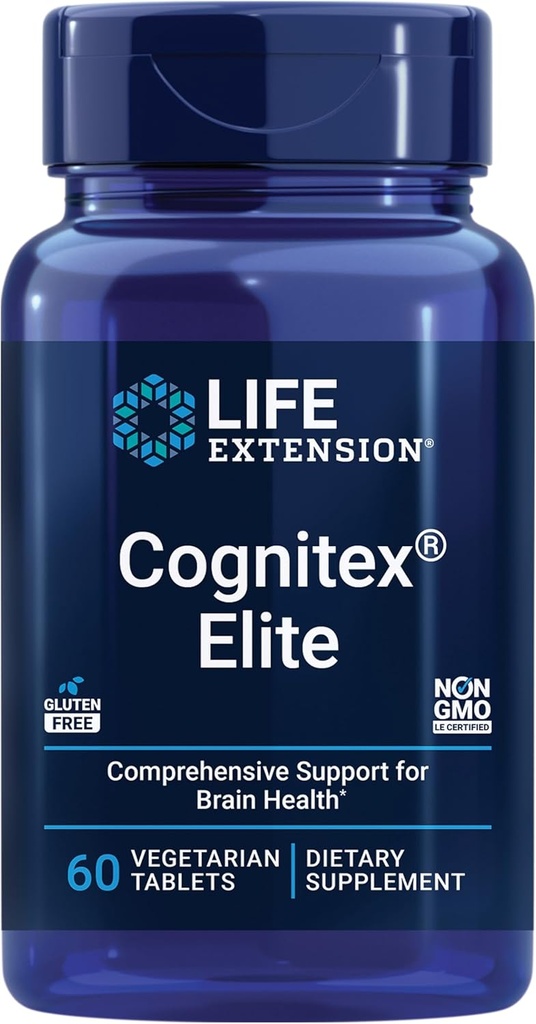 Extensión de vida Cognitex® Elite, sabio, Blueberry, ashwagandha, fosphatidylserine, vinpocetine, Atención, Focus, Mood & Memory, Gluten-Free, Non-GMO, Vegetarian, 60 Tablets