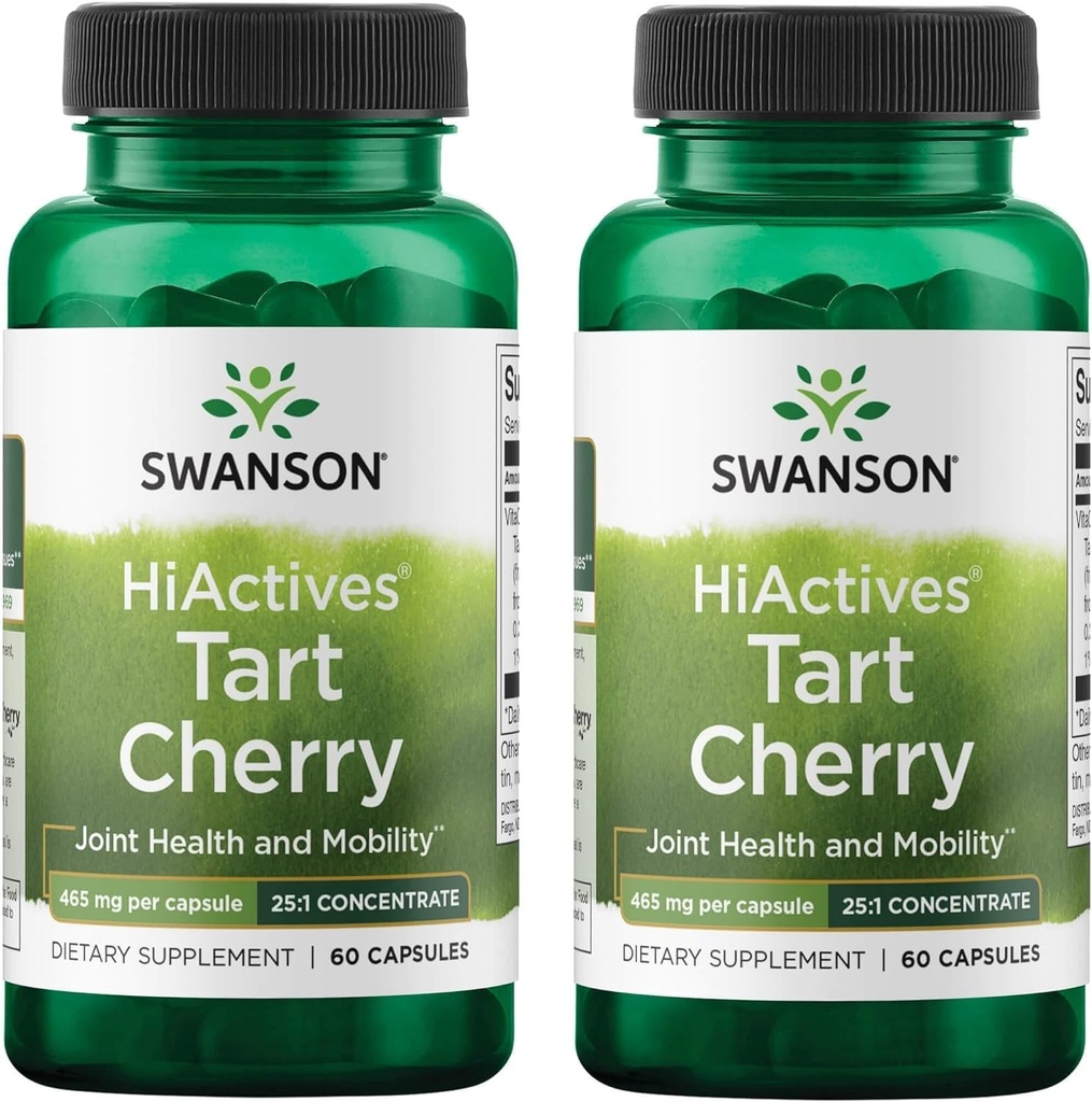 Swanson HiActives Tart Cherry - Suplemento Natural Apoyando la Salud Conjunta, Movilidad & Flexibilidad - Ayuda a fortalecer las estructuras de colágeno " Tejido Conectivo - (60 cápsulas, 465 mg cada uno) (2 Pack)