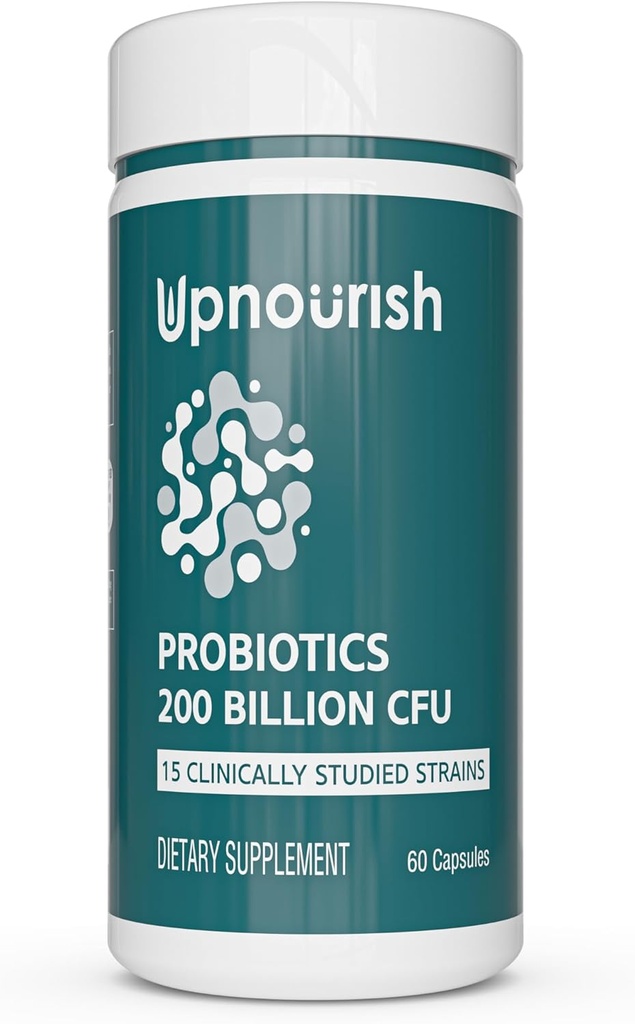 UpNourish Probiotics - 200 Billion CFUs para Hombres y Mujeres, 15 Estrasas clínicamente Estudiadas, Prebióticos & Enzymes - 60 cápsulas veganas