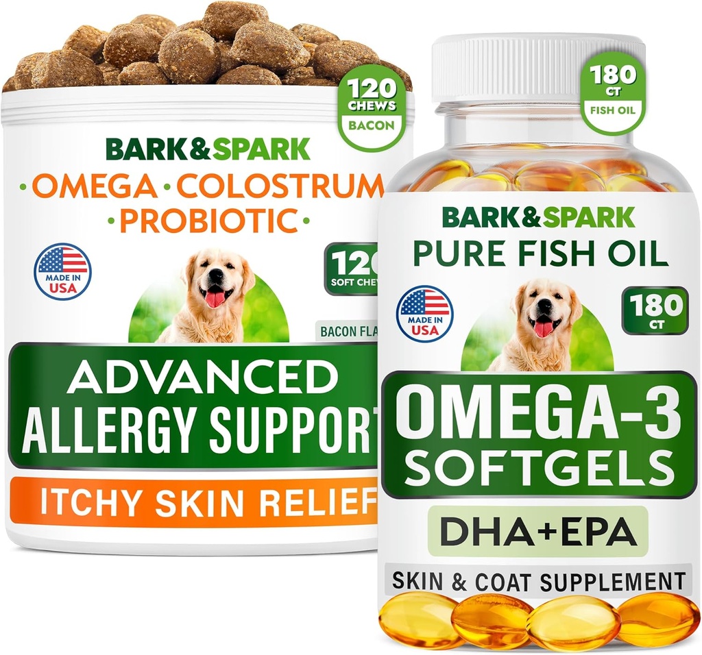 Avanzada alergia al perro + Omega 3 Bundle - Itch Relief - Probióticos w/Fish Oil Omega 3 + EPA pacienteA Fatty Acid - Alergias de la piel + salud conjunta - 120 Chews + 180 Softgels - Bacon + Fish Flavor - Made in USA