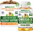 Avanzada alergia al perro + Omega 3 Bundle - Itch Relief - Probióticos w/Fish Oil Omega 3 + EPA pacienteA Fatty Acid - Alergias de la piel + salud conjunta - 120 Chews + 180 Softgels - Bacon + Fish Flavor - Made in USA