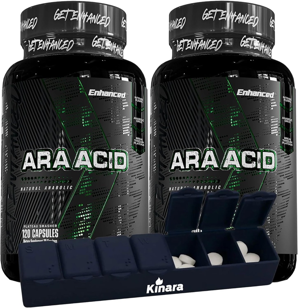 Athlete mejorado - Acid araquidonico Suplemento - Muscle and Strength Suplemento para el aumento de la masa muscular " Mejor recuperación para hombres " Mujeres (120 cápsulas) - 2 Pack con Kinara Pill Organizer