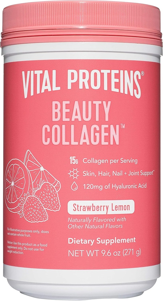 Vital Proteins Beauty Collagen (Strawberry Lemon, Canister) - 120 mg de ácido hialurónico y 15g de Collagen Por Serving
