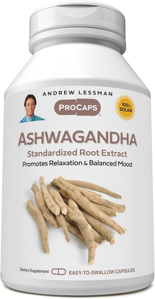 ANDREW LESSMAN Ashwagandha 360 Capsules - Standardized Ashwagandha Extract. Promueve la relajación, el humor positivo, el bienestar general y la realidad. Cápsulas pequeñas fáciles de absorber