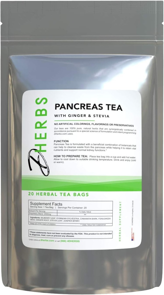 Herbal Pancreas Tea, Limpiar con Juniper, Fenugreek y Gymnema (20 Bolsas)