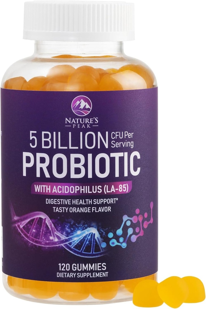 Probióticos Gummies 5 Billones CFU - Daily Probiotic Gummy Suplemento para Mujeres, Hombres y Adolescentes - Salud Digestiva Natural, Buen Gut &amp; Immune Apoyo con 6 Pro Biotic Strains - Orange Flavor - 120 Condes