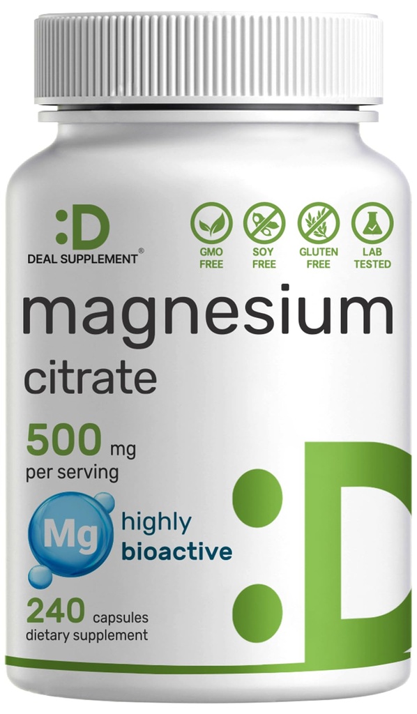 SUPLEMENTO DEAL Citrato de magnesio 500mg, 240 cápsulas TENIDO Fácilmente Absorbido, Traza Purificada Mineral - Muscle, Corazón, " Apoyo Digestivo - Uno al día, No GMO