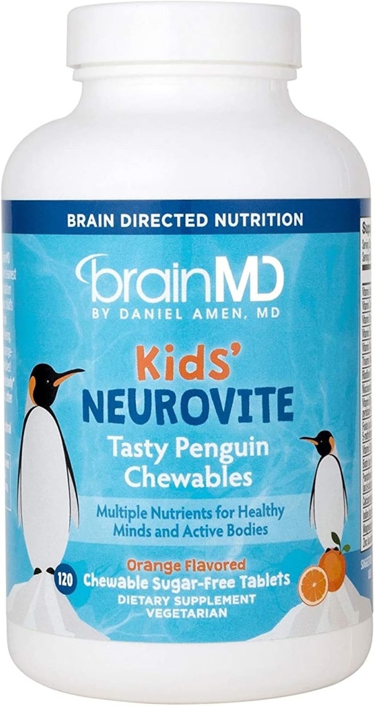 BRAINMD Dr Amen Kids’ NeuroVite, Orange Flavor - 120 Pinguin-Shaped Chewables - Multivitamin &amp; Mineral Supplement - Promotes Healthy Development &amp; Growth - Gluten Free - 60 Servings