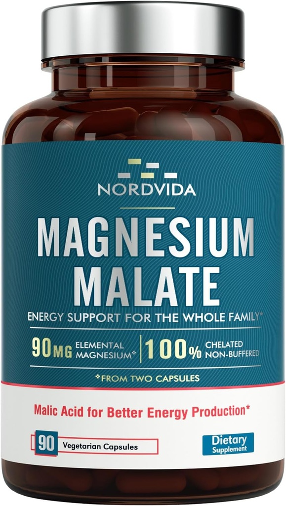 Magnesio Malate, 90 mg Magnesio Elemental, para Adultos &amp; Niños, Completamente ligado con Ácido Malic, Apoyo a la Producción Energética & Salud Musculo, Gut Friendly, Fácil de Tragar, 90 Tapas Tiny