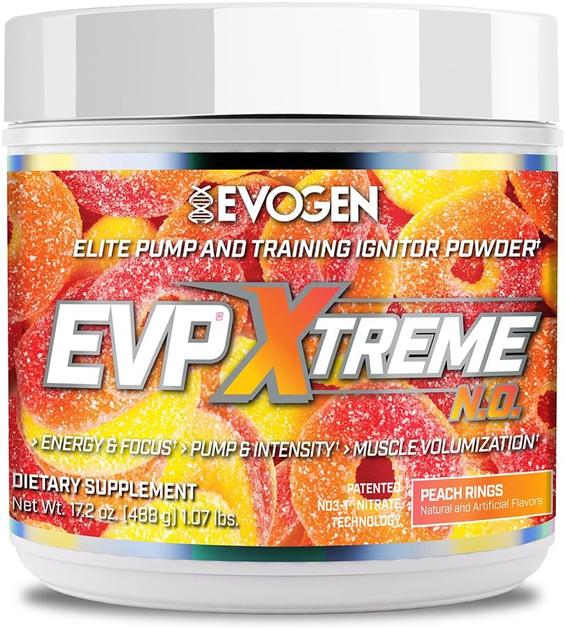 Evogen EVP Xtreme NO - Pre Workout Powder para Hombres &amp; Mujeres Silenciosos Sugar Free Preworkout with Beta Alanine, Creatine, and Caffeine for Energy &amp; Pump ← Peach Rings