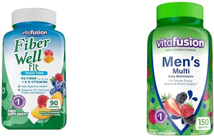 Vitafusion Fiber Well Fit Gummies Suplemento, 90 Conde (Packaging May Vary) & Adult Gummy Vitaminas para Hombres, Berry Flavored Daily Multivitamins para Hombres con Vitaminas A