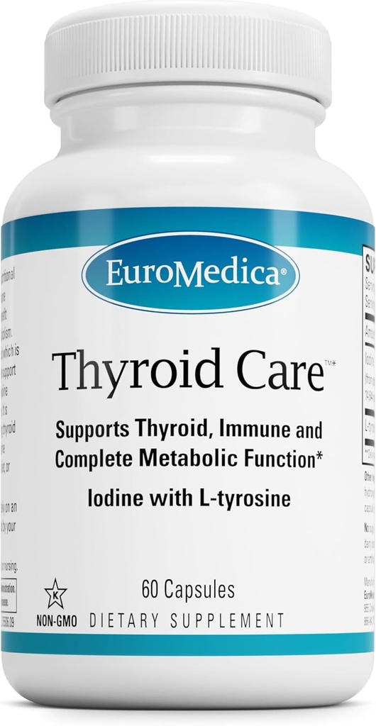 EuroMedica Thyroid Care - Immune Health & Energy Support Formula - Nutritional Supplement with Iodine for Thyroid Health Support - Wellness Supplement with L-Tyrosine - 60 Capsules
