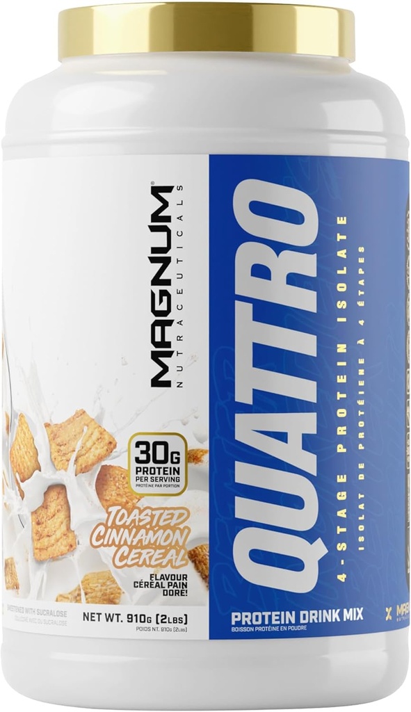 QUATTRO Magnum Nutraceuticals Whey Protein Powder, Toasted Cinnamon Cereal 2lb – Premium Protein Isolate Blend para el crecimiento muscular y recuperación