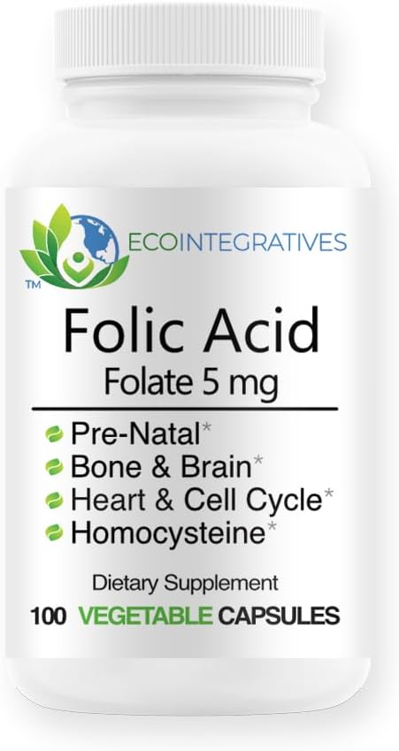 Folato de ácido fólico 5mg (B9) Salud prenatal, Reproductiva, Homocysteine, Metabolismo, Cardiovascular, Hueso, Apoyo Inmunitario, Libre de Alérgenos, No GMO - 100 cápsulas veganos