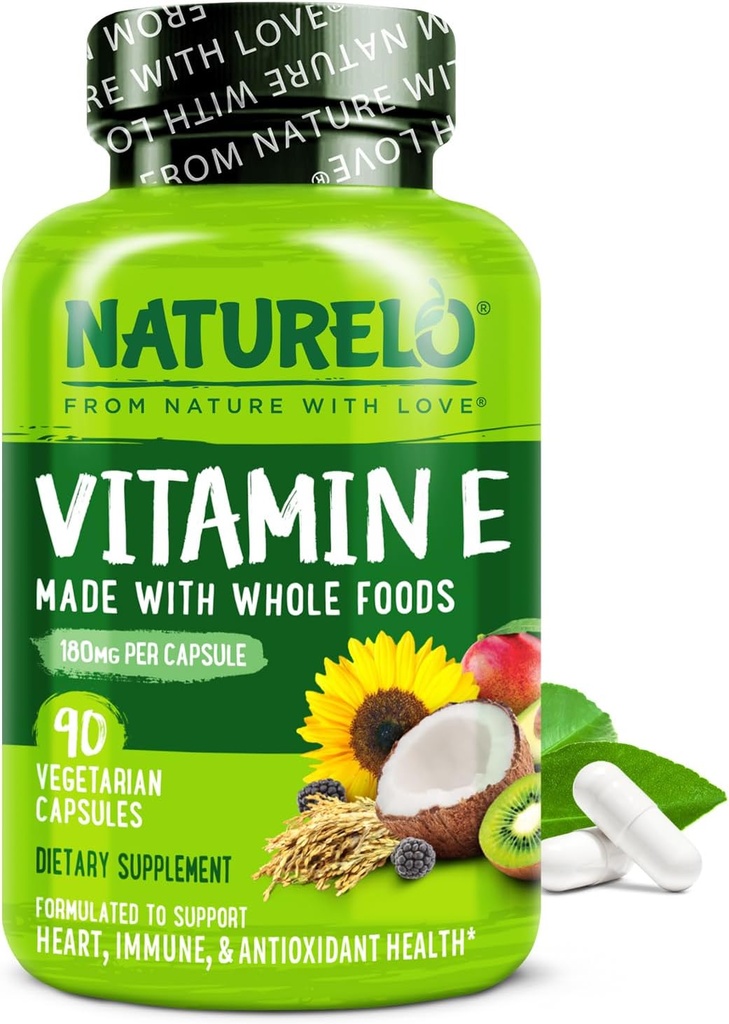 NATURELO Vitamina E - 180 mg (300 UI) de Tocoferoles mezclados naturales de alimentos orgánicos enteros - Suplemento para la piel sana, el cabello, uñas, inmuno de salud ocular - no GMO, soy libre - 90 cápsulas veganos