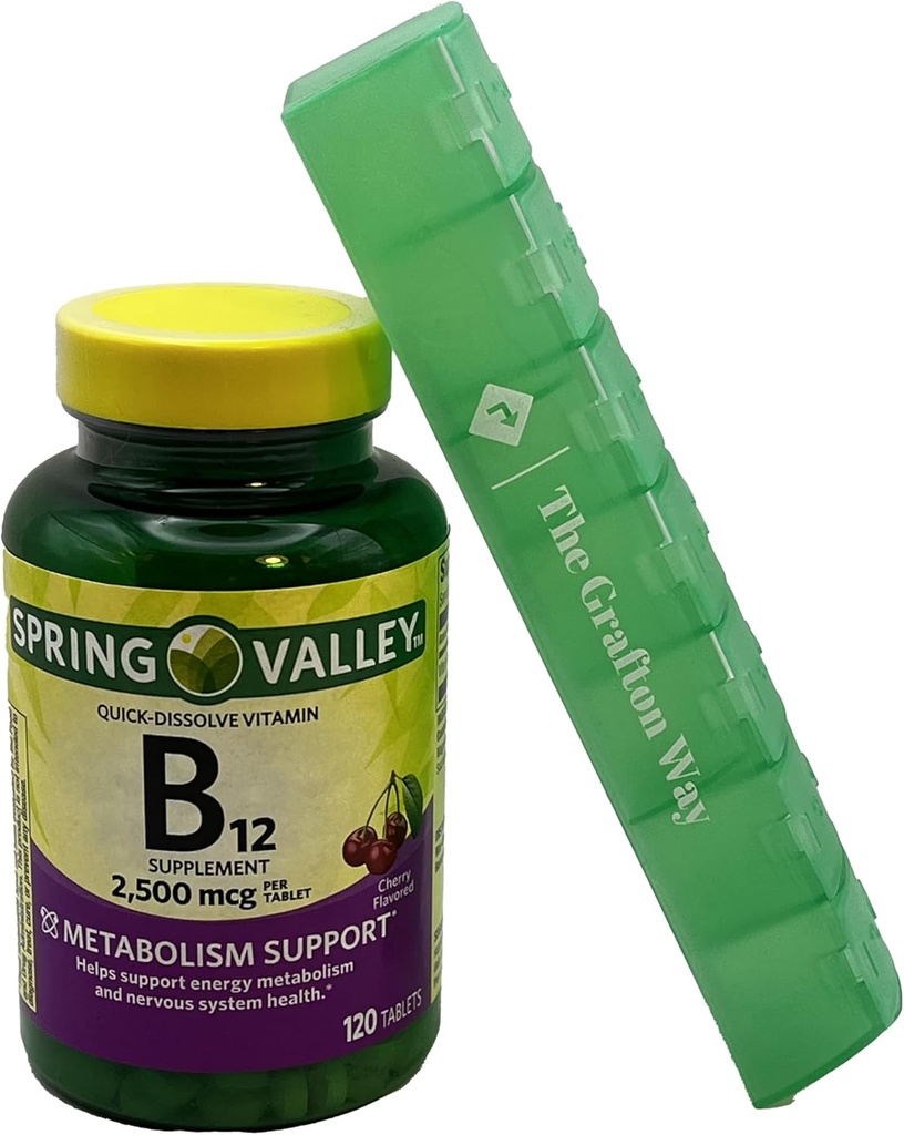 Spring Valley Vitamin B12 Quick-Dissolve Tablets Dietary Supplement, 2,500 Mcg, Cherry Flavor, 120 Count with Complimentary Grafton Way Pill Organizer