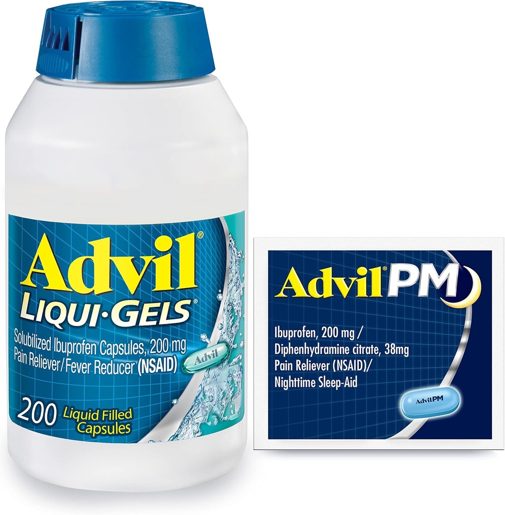 Advil Liqui-Gels Pain Reliever and Fever Reducer, Pain Medicine for Adults with Ibuprofen 200mg for Headache, Backache, Menstrual Pain and Joint Pain Relief - 200 Capsules, Advil PM Ibuprofen - 2 Ct