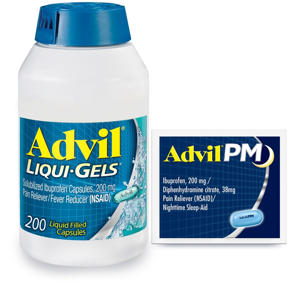 Alimentador de Dolor y Reductor de Dolor Advil Liqui-Gels, Medicamento de Dolor para Adultos con Ibuprofen 200 mg para Dolor de Cabeza, Dolor de Dolor, Dolor Menstrual y Alivio de Dolor Conjunto - 200 Capsules, Advil PM Ibuprofeno - 2 Ct