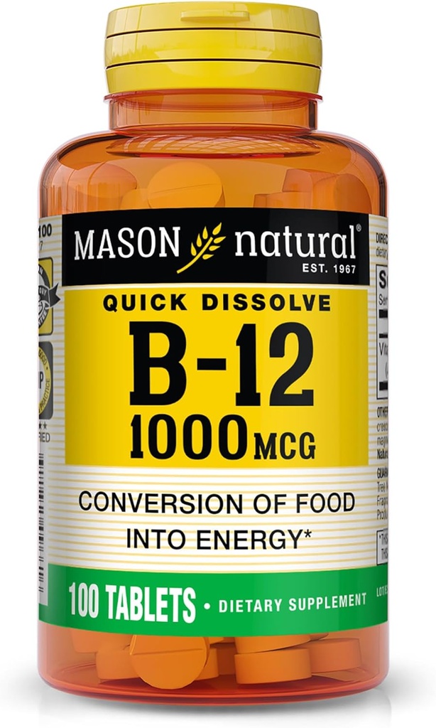 MASON NATURAL Vitamina B12, 1000 mcg Quick Dissolve Tablets, Fast Absorption B Complex to Support Normal Energy and Nerve Function, 100 Tablets