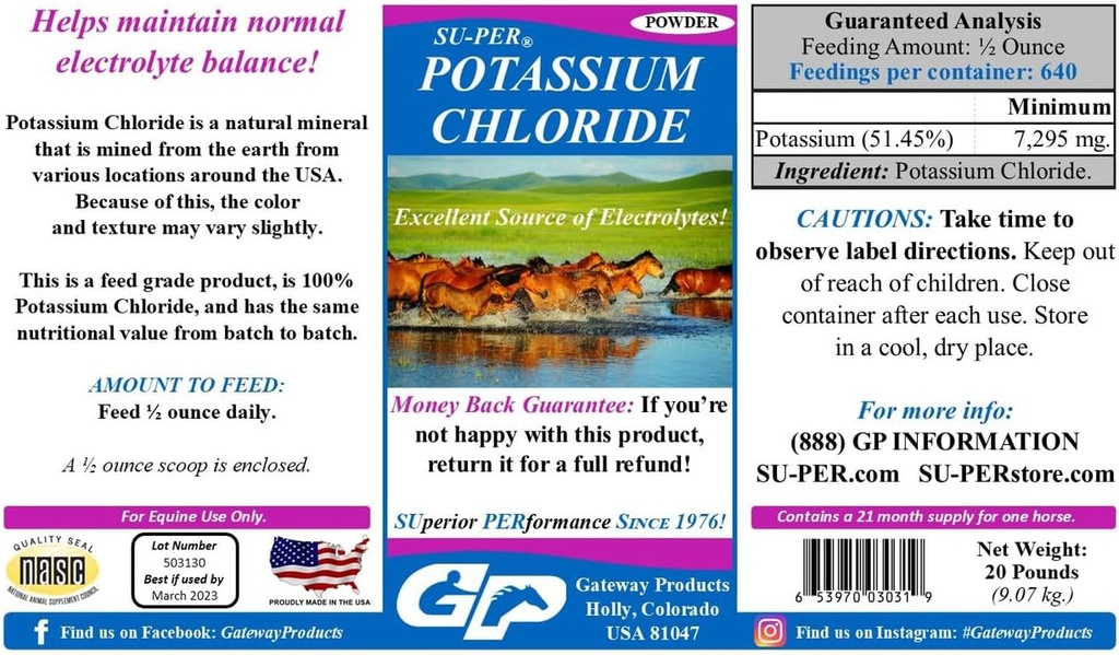 SU-PER Potasio Chloride Horse Electrolyte Suplemento - Ayudas Mantener Normal Electrolyte Balance - 20 libras, 21 meses de suministro