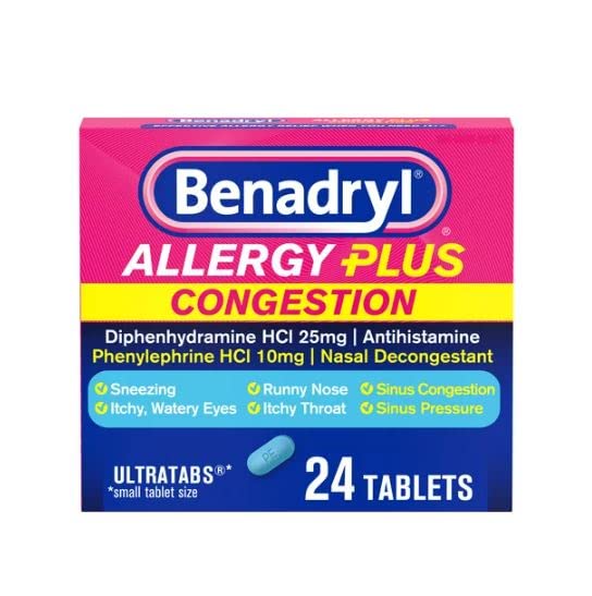 Benadryl Allergy Plus Congestion Ultratabs, Medicina con Diphenhydramine HCl Antihistamina " Fenilephrine HCl Nasal Decongestant, Alergía " Sinus Congestion Relief Tablets, 24 ct