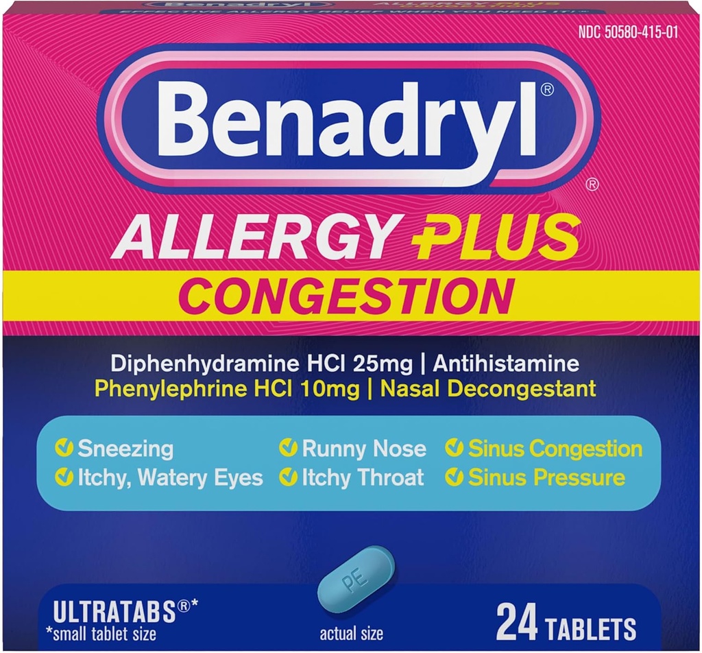 Benadryl Allergy Plus Congestion Ultratabs, Medicina con Diphenhydramine HCl Antihistamina " Fenilephrine HCl Nasal Decongestant, Alergía " Sinus Congestion Relief Tablets, 24 ct