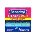 Benadryl Allergy Plus Congestion Ultratabs, Medicina con Diphenhydramine HCl Antihistamina " Fenilephrine HCl Nasal Decongestant, Alergía " Sinus Congestion Relief Tablets, 24 ct