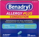 Benadryl Allergy Plus Congestion Ultratabs, Medicina con Diphenhydramine HCl Antihistamina " Fenilephrine HCl Nasal Decongestant, Alergía " Sinus Congestion Relief Tablets, 24 ct