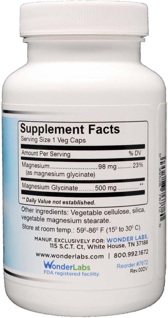 Wonder Laboratories Magnesium Glycinate 500mg, 100% Chelated for Superior Absorption, Non-GMO, NO Gluten Dairy Soy, Supports Muscle, Joint, and Heart Health (120)